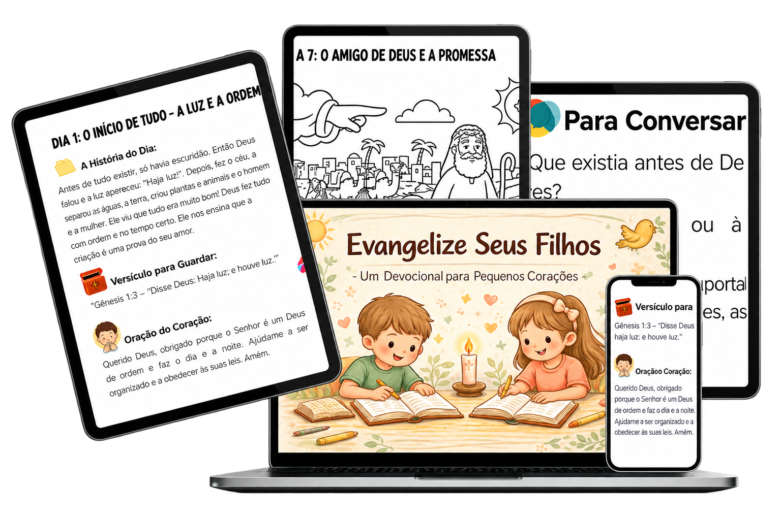 Mockup do devocional digital e caderno de colorir exibidos em notebook, tablet e smartphone