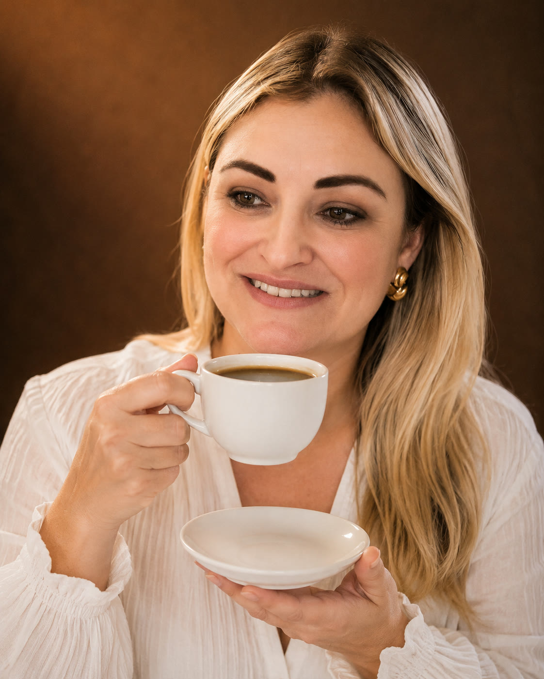 Lílian Medeiros segurando uma xícara de café em ambiente acolhedor