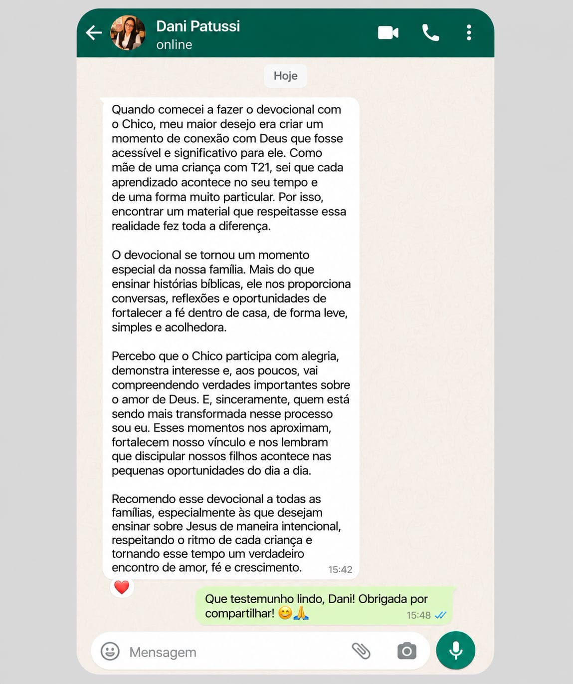 Depoimento de Dani Patussi sobre o devocional em família com o Chico