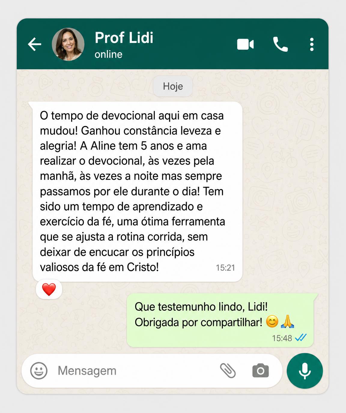 Depoimento de Lidi, mãe da Aline de 5 anos, sobre o devocional em família